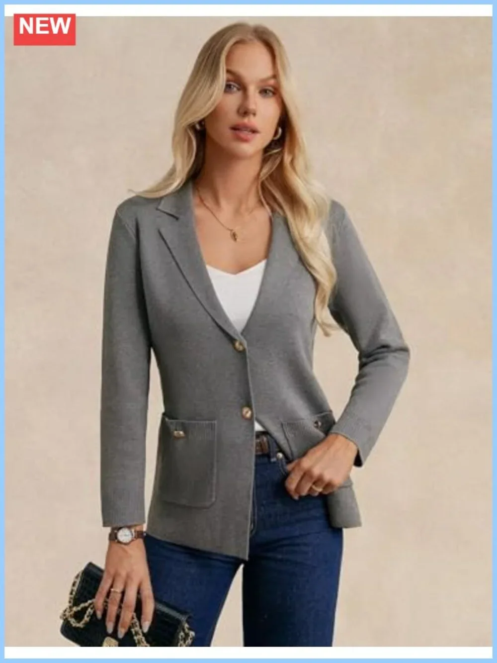 Womens Knit Blazer Long Sleeve Open Front Notch Lapel Business Casual Suit